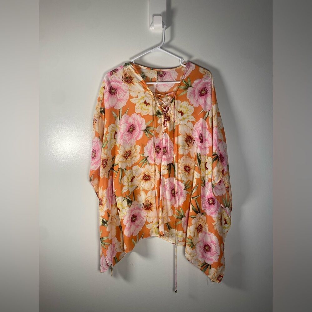 Forever 21 Kimono Floral Tie-Front Blouse - Orange, Pink, Cream